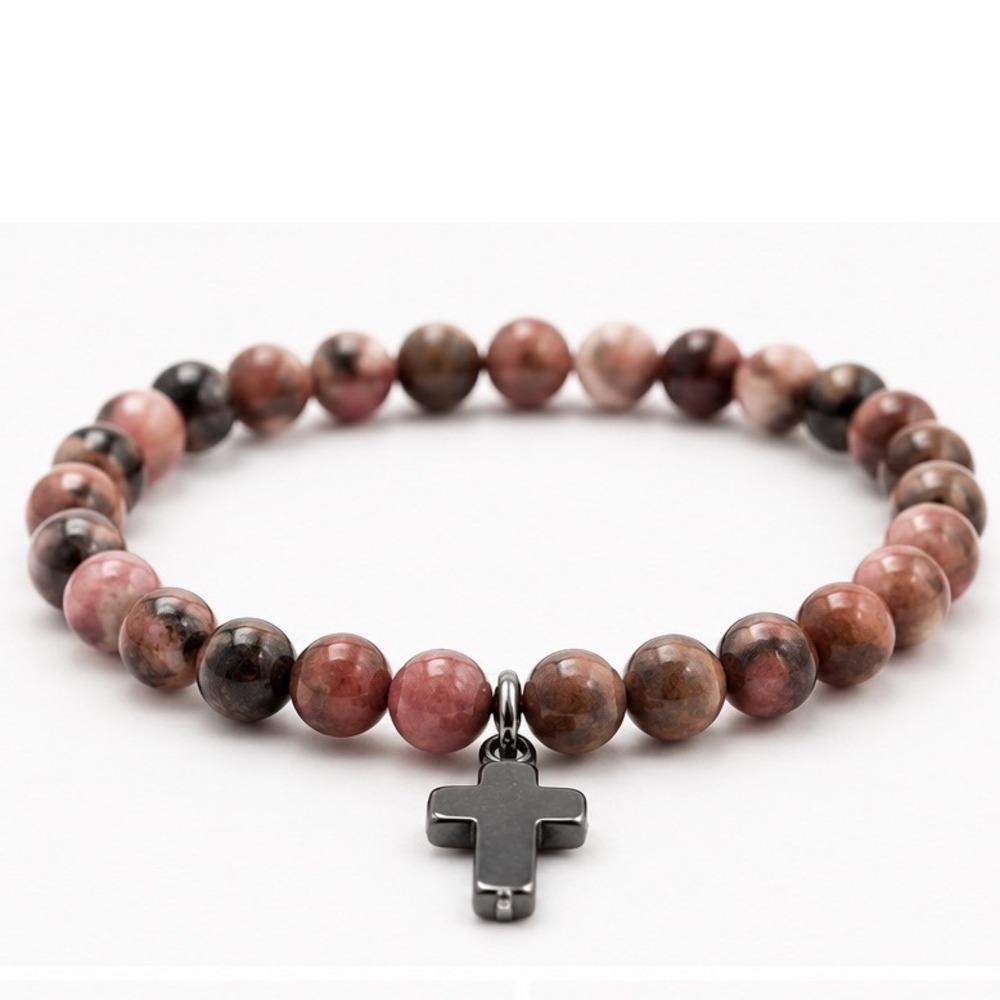 Natural Rhodonite Stone Beaded Cross Bracelet Pink Grey Gunmetal Faith Jewelry